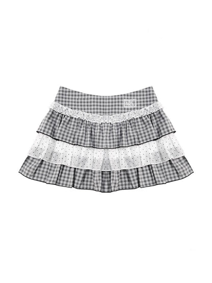 Polka Dot Check Pleated Lace Cake Mini Skirt【s0000013038】