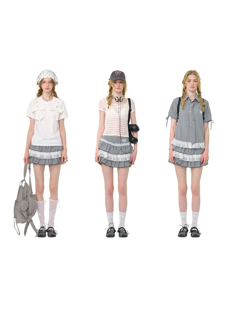 Polka Dot Check Pleated Lace Cake Mini Skirt【s0000013038】