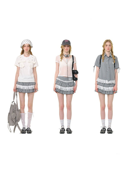 Polka Dot Check Pleated Lace Cake Mini Skirt【s0000013038】