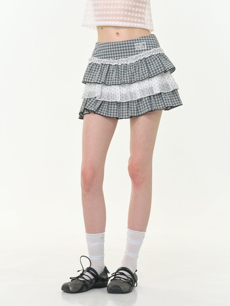 Polka Dot Check Pleated Lace Cake Mini Skirt【s0000013038】