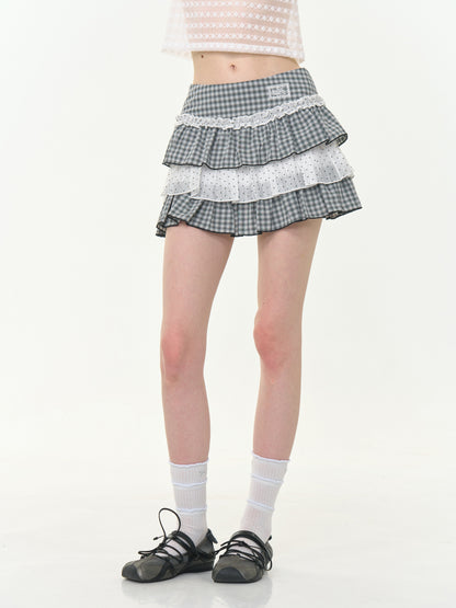 Polka Dot Check Pleated Lace Cake Mini Skirt【s0000013038】