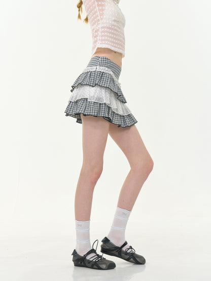 Polka Dot Check Pleated Lace Cake Mini Skirt【s0000013038】