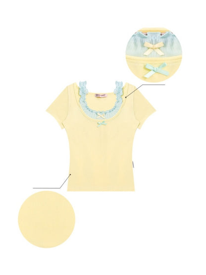Faux Layered Bow Contrast Ruffle Camisole Short Sleeve T-Shirt【s0000013039】