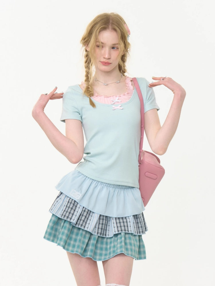 Faux Layered Bow Contrast Ruffle Camisole Short Sleeve T-Shirt【s0000013039】