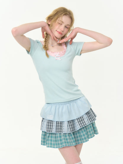Faux Layered Bow Contrast Ruffle Camisole Short Sleeve T-Shirt【s0000013039】
