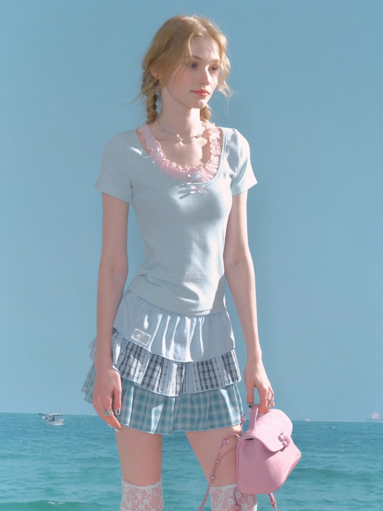 Faux Layered Bow Contrast Ruffle Camisole Short Sleeve T-Shirt【s0000013039】