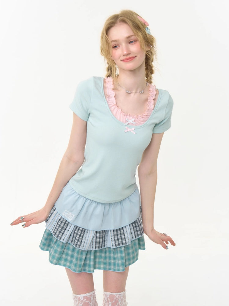 Faux Layered Bow Contrast Ruffle Camisole Short Sleeve T-Shirt【s0000013039】