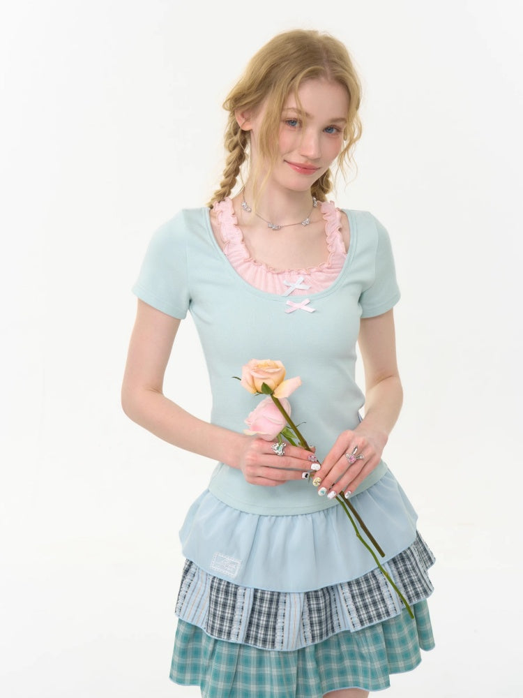 Faux Layered Bow Contrast Ruffle Camisole Short Sleeve T-Shirt【s0000013039】