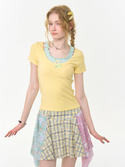 Faux Layered Bow Contrast Ruffle Camisole Short Sleeve T-Shirt【s0000013039】