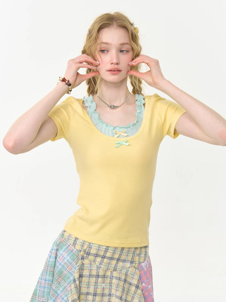 Faux Layered Bow Contrast Ruffle Camisole Short Sleeve T-Shirt【s0000013039】