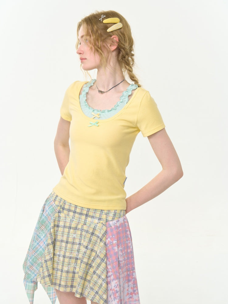 Faux Layered Bow Contrast Ruffle Camisole Short Sleeve T-Shirt【s0000013039】