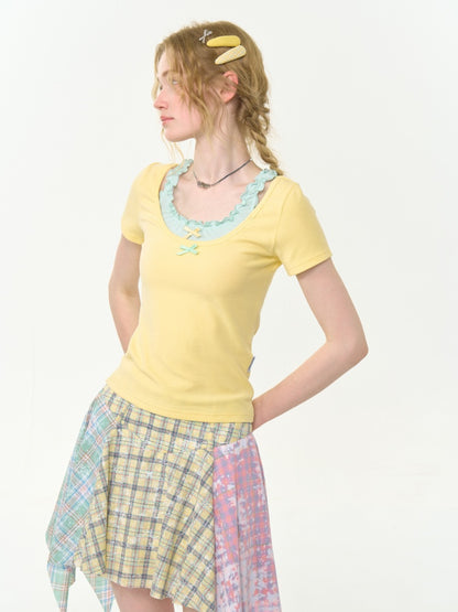 Faux Layered Bow Contrast Ruffle Camisole Short Sleeve T-Shirt【s0000013039】