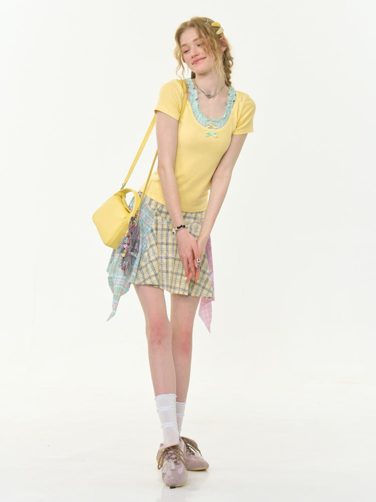 Faux Layered Bow Contrast Ruffle Camisole Short Sleeve T-Shirt【s0000013039】