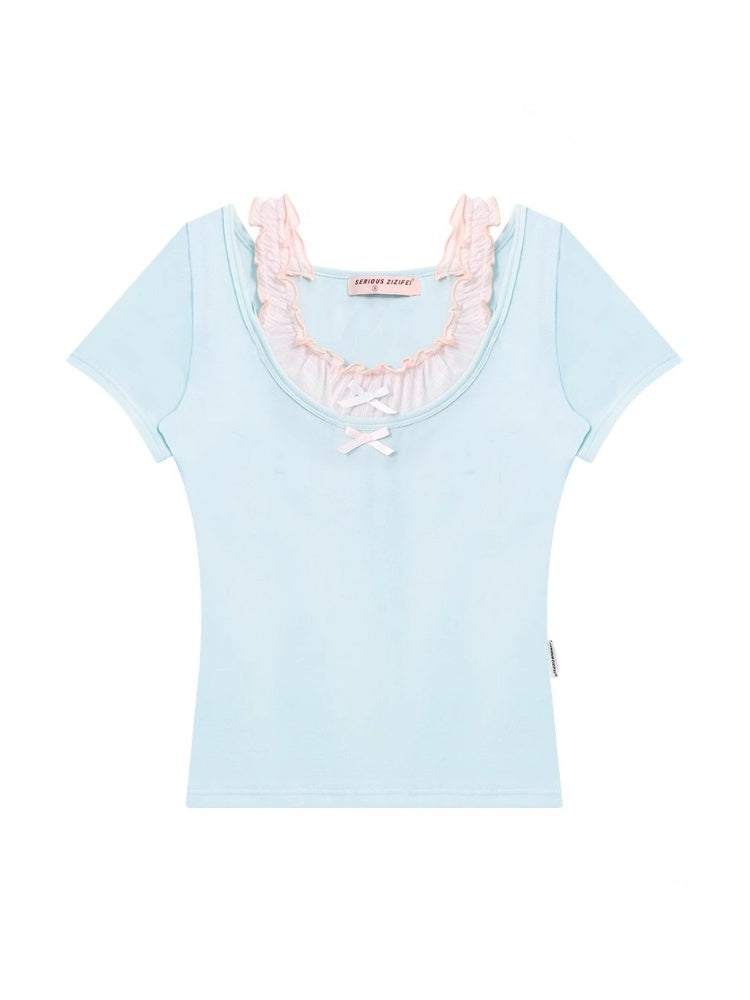Faux Layered Bow Contrast Ruffle Camisole Short Sleeve T-Shirt【s0000013039】