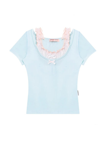 Faux Layered Bow Contrast Ruffle Camisole Short Sleeve T-Shirt【s0000013039】