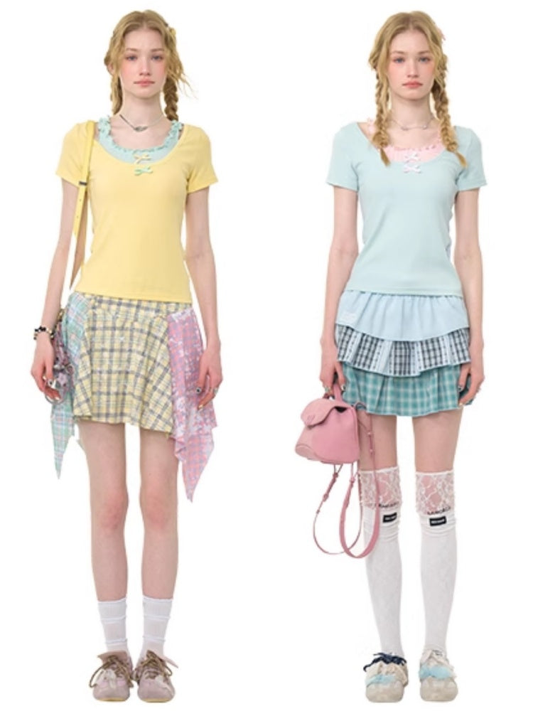Faux Layered Bow Contrast Ruffle Camisole Short Sleeve T-Shirt【s0000013039】