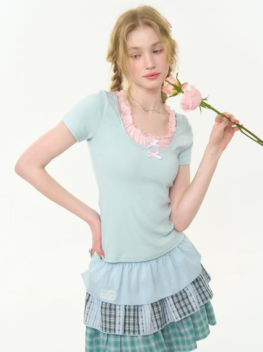 Faux Layered Bow Contrast Ruffle Camisole Short Sleeve T-Shirt【s0000013039】
