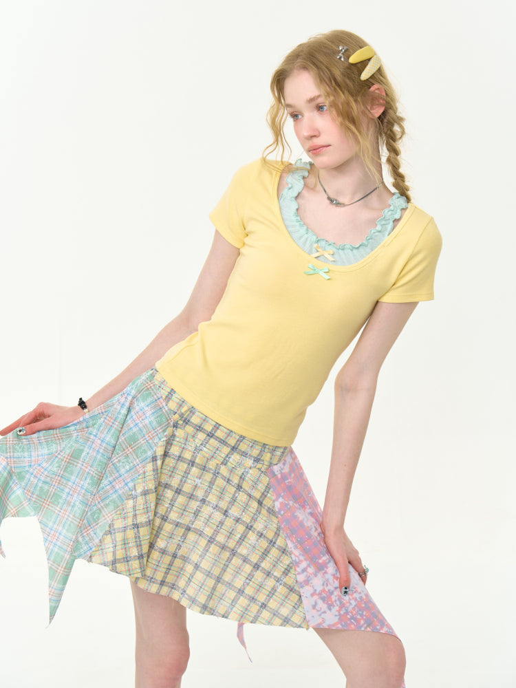 Faux Layered Bow Contrast Ruffle Camisole Short Sleeve T-Shirt【s0000013039】