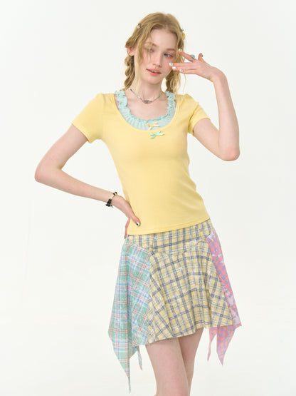 Faux Layered Bow Contrast Ruffle Camisole Short Sleeve T-Shirt【s0000013039】