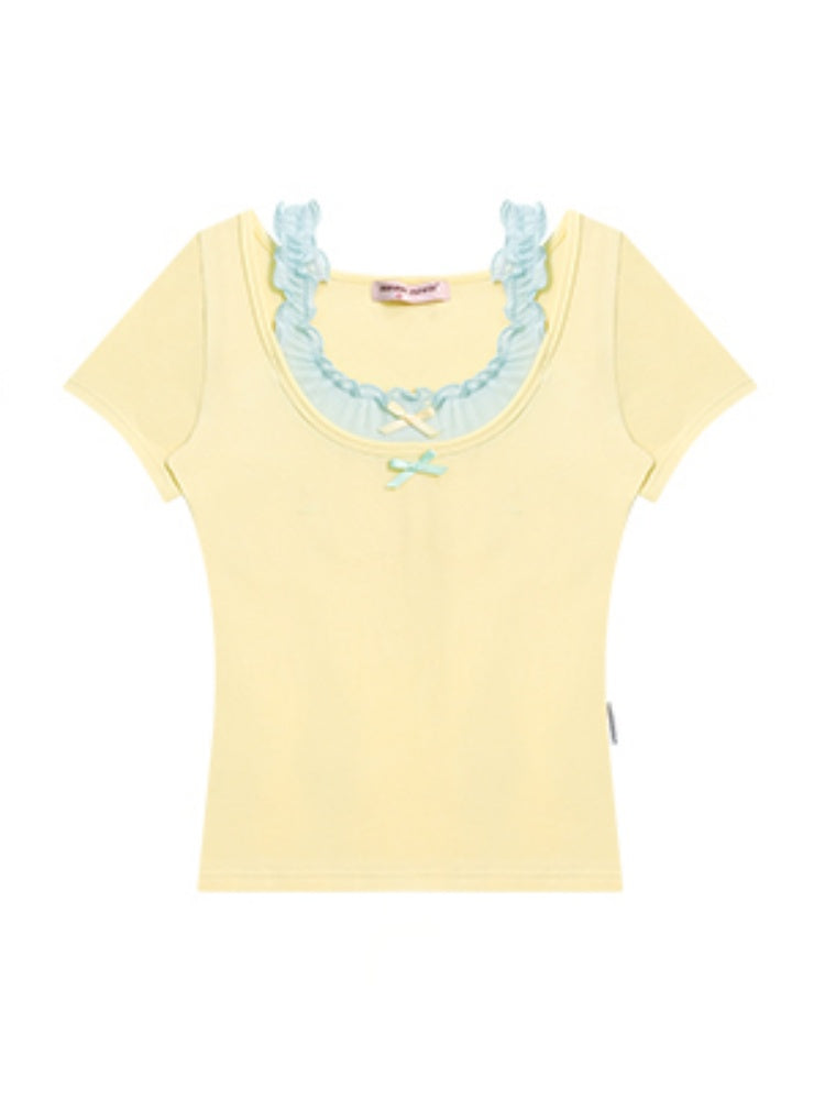 Faux Layered Bow Contrast Ruffle Camisole Short Sleeve T-Shirt【s0000013039】