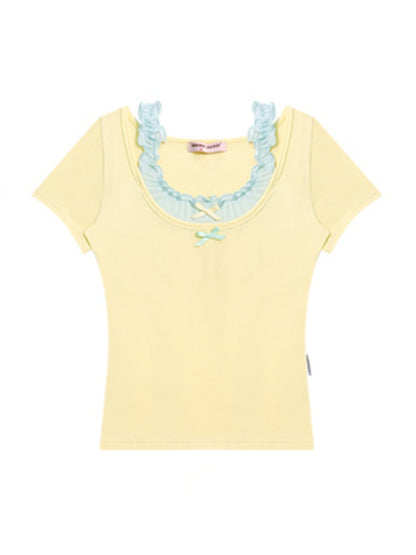 Faux Layered Bow Contrast Ruffle Camisole Short Sleeve T-Shirt【s0000013039】