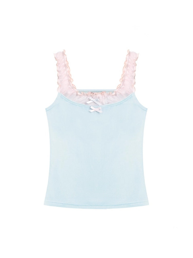 Faux Layered Bow Contrast Ruffle Camisole【s0000013040】