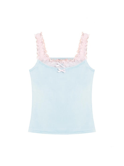 Faux Layered Bow Contrast Ruffle Camisole【s0000013040】