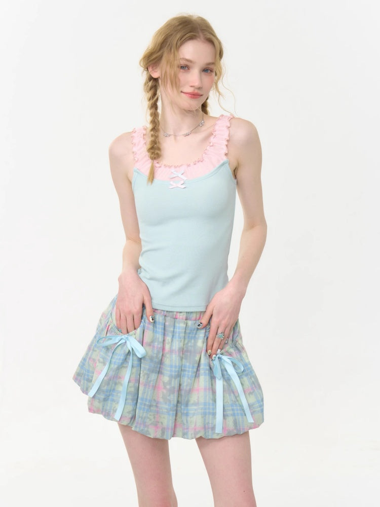 Faux Layered Bow Contrast Ruffle Camisole【s0000013040】