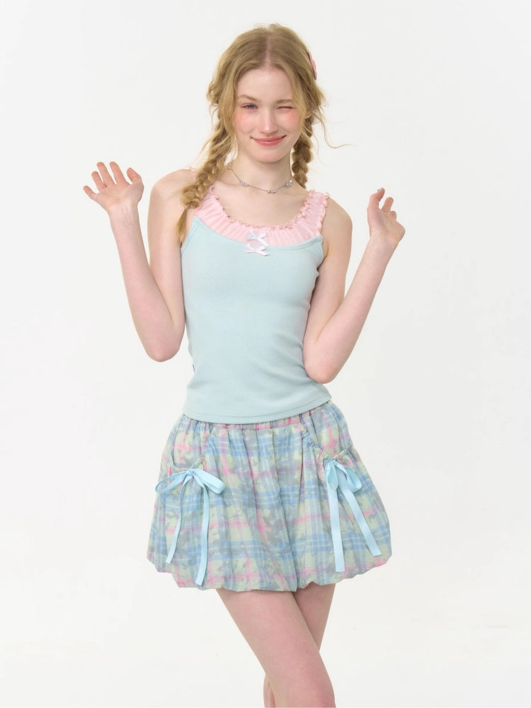 Faux Layered Bow Contrast Ruffle Camisole【s0000013040】