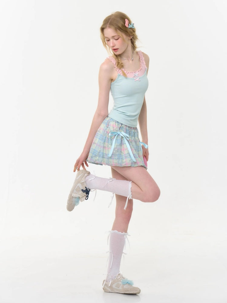 Faux Layered Bow Contrast Ruffle Camisole【s0000013040】