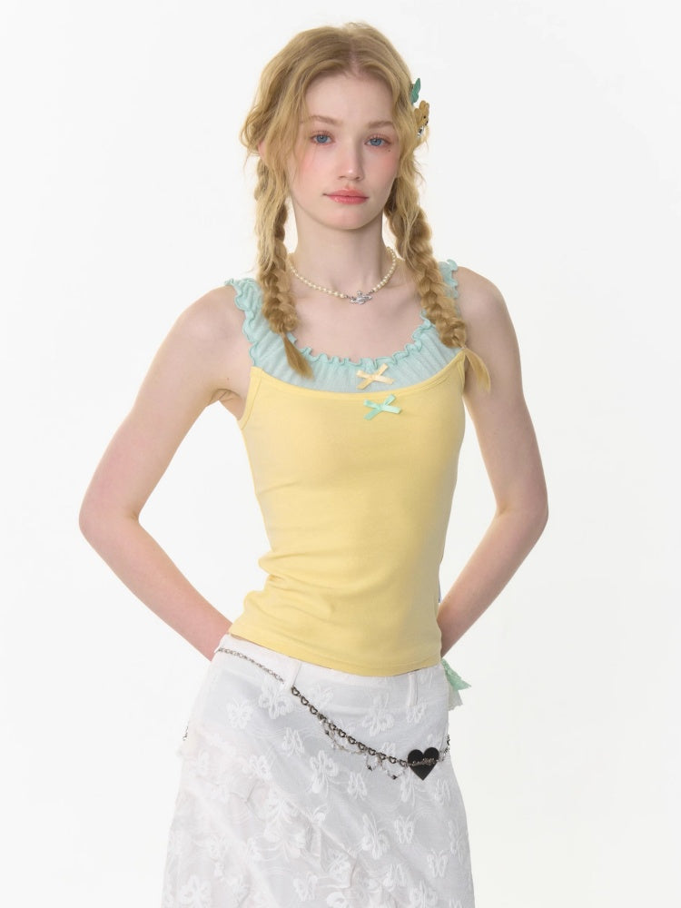 Faux Layered Bow Contrast Ruffle Camisole【s0000013040】