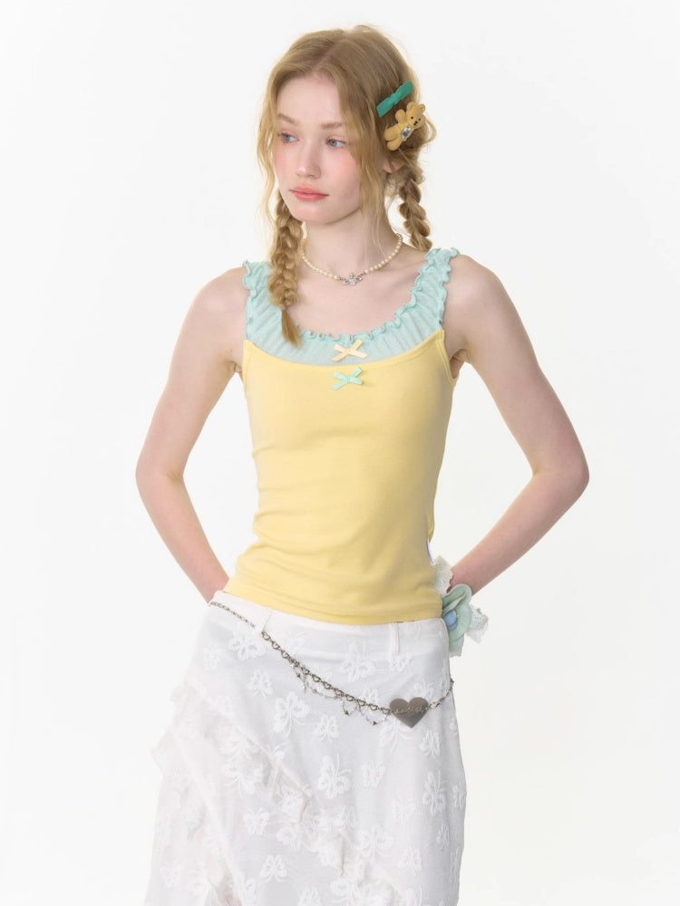 Faux Layered Bow Contrast Ruffle Camisole【s0000013040】