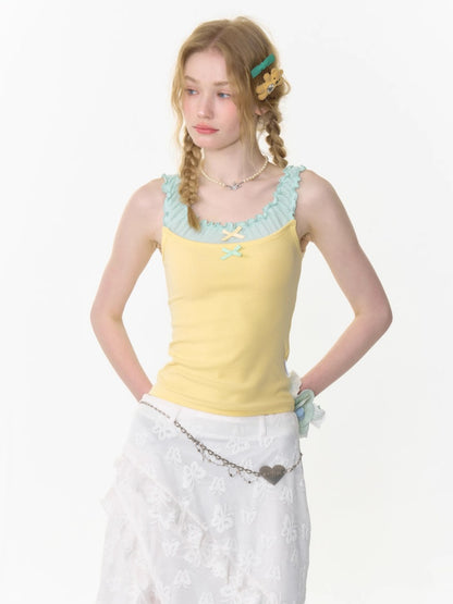Faux Layered Bow Contrast Ruffle Camisole【s0000013040】