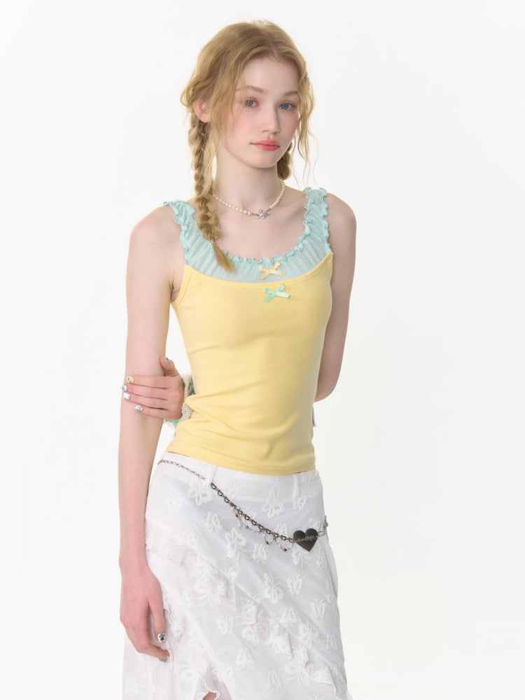 Faux Layered Bow Contrast Ruffle Camisole【s0000013040】