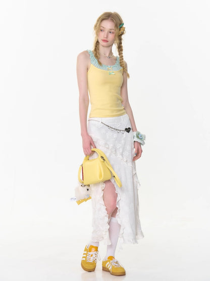Faux Layered Bow Contrast Ruffle Camisole【s0000013040】
