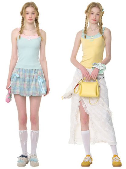Faux Layered Bow Contrast Ruffle Camisole【s0000013040】