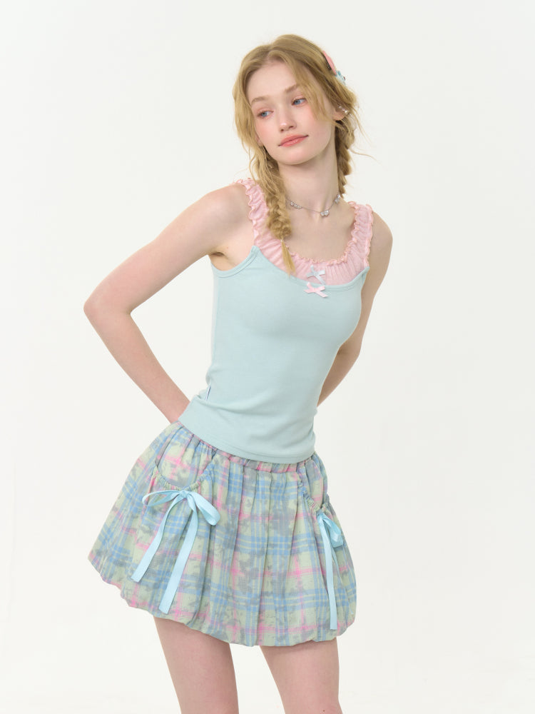 Faux Layered Bow Contrast Ruffle Camisole【s0000013040】