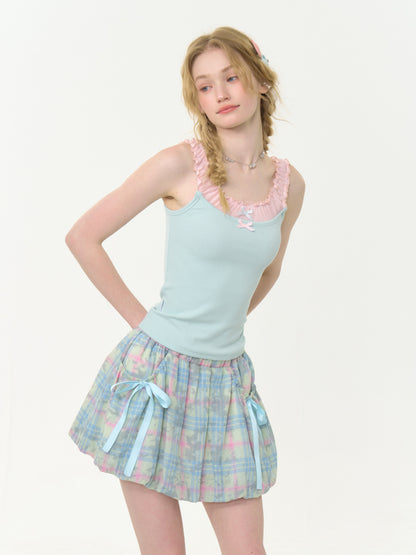 Faux Layered Bow Contrast Ruffle Camisole【s0000013040】