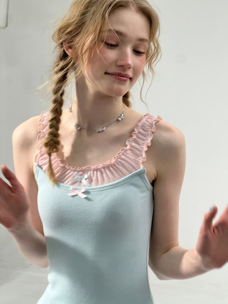 Faux Layered Bow Contrast Ruffle Camisole【s0000013040】