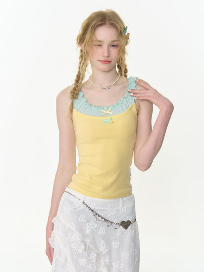 Faux Layered Bow Contrast Ruffle Camisole【s0000013040】