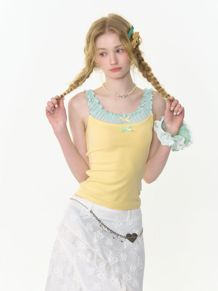 Faux Layered Bow Contrast Ruffle Camisole【s0000013040】