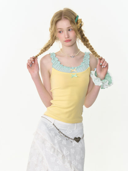 Faux Layered Bow Contrast Ruffle Camisole【s0000013040】