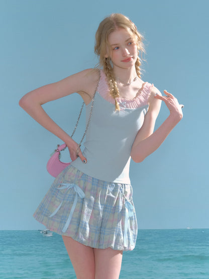 Faux Layered Bow Contrast Ruffle Camisole【s0000013040】