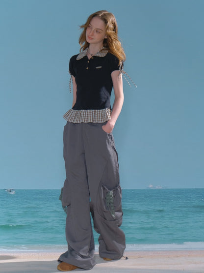 Big Plaid Ribbon Pocket Wide Leg Loose Straight Casual Pants【s0000013041】