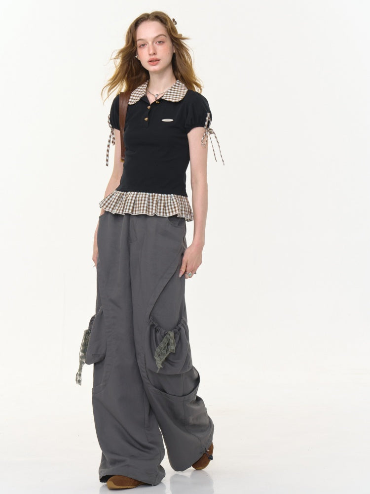 Big Plaid Ribbon Pocket Wide Leg Loose Straight Casual Pants【s0000013041】