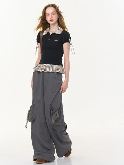Big Plaid Ribbon Pocket Wide Leg Loose Straight Casual Pants【s0000013041】