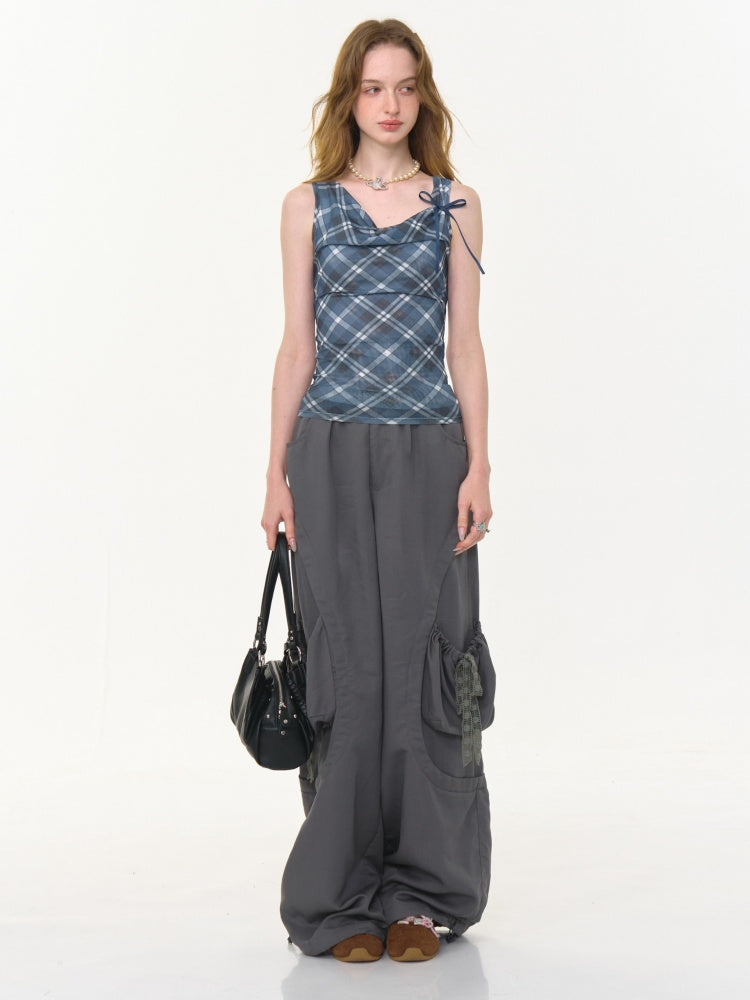 Big Plaid Ribbon Pocket Wide Leg Loose Straight Casual Pants【s0000013041】