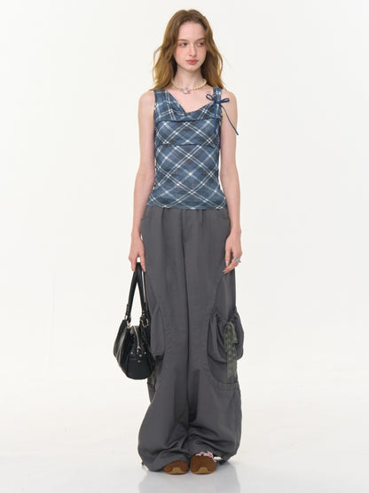 Big Plaid Ribbon Pocket Wide Leg Loose Straight Casual Pants【s0000013041】