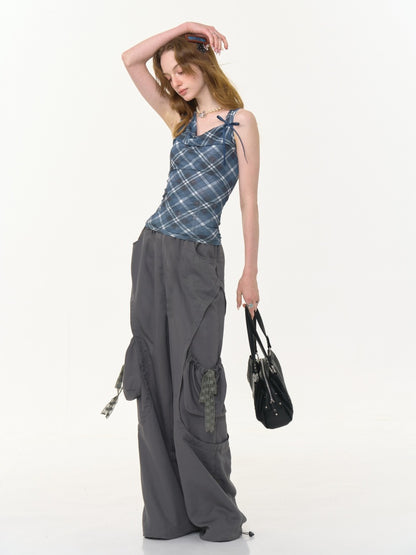 Big Plaid Ribbon Pocket Wide Leg Loose Straight Casual Pants【s0000013041】