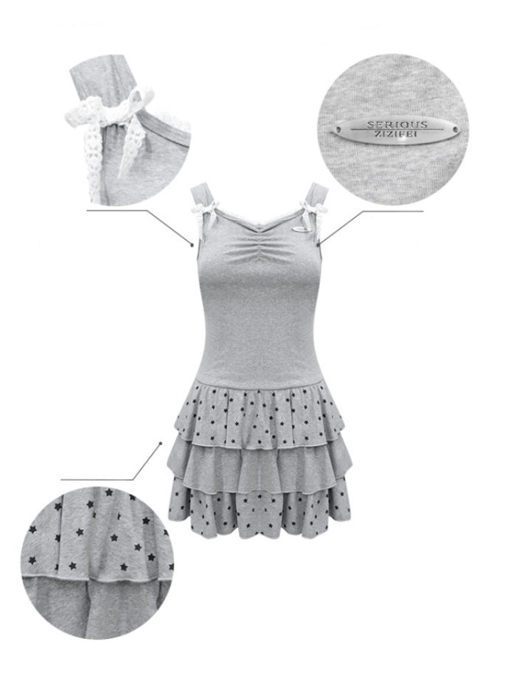 Polka Dot Star Ruffle Hem Cake Puffy Waist Cinching Slip Dress【s0000013042】